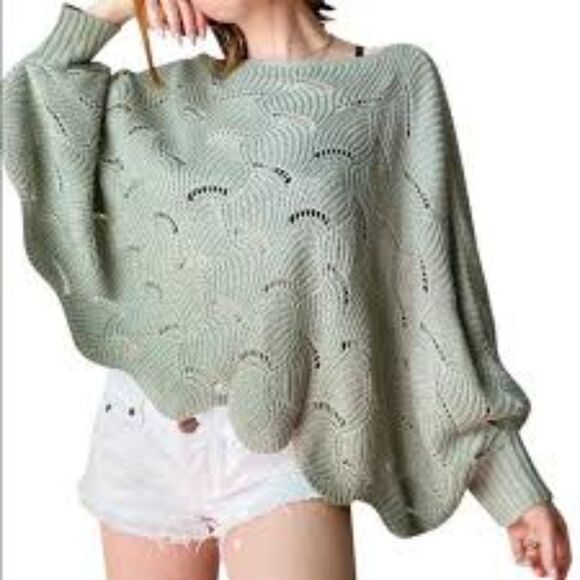 SHE & SKY Sage Green Scalloped Open Knit Bat Wing Oversized Sweater One Size - Picture 1 of 9